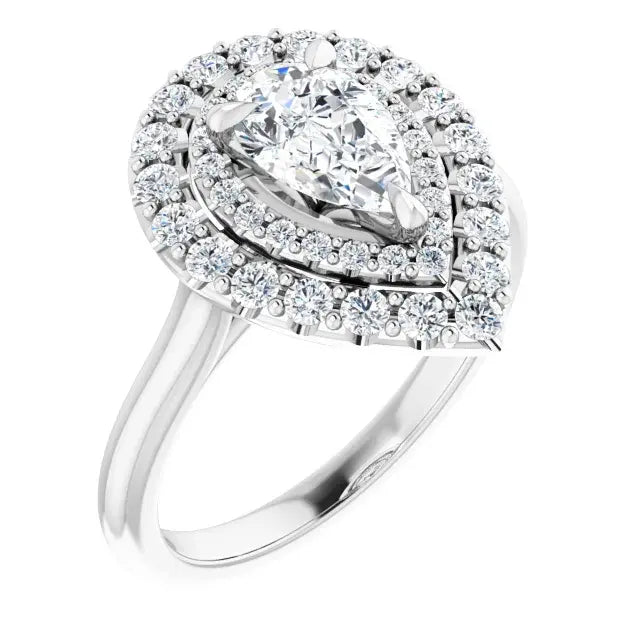 14K White Gold 1.20 CTW Pear Cut Double Halo Diamond Engagement Ring with Pavé Band-