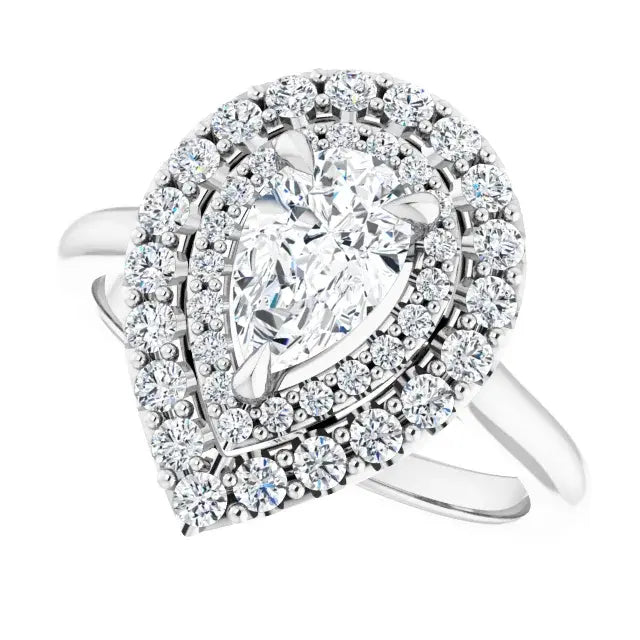 14K White Gold 1.20 CTW Pear Cut Double Halo Diamond Engagement Ring with Pavé Band