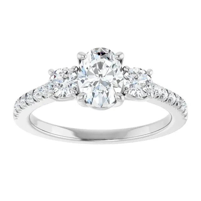 14K White Gold 1.22 CTW Oval-Cut Diamond Engagement Ring with Three-Stone Pavé Setting-