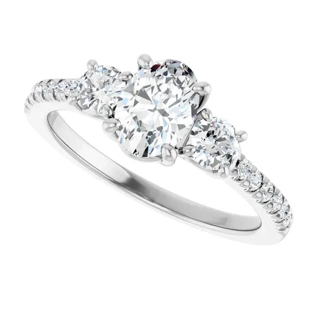 14K White Gold 1.22 CTW Oval-Cut Diamond Engagement Ring with Three-Stone Pavé Setting-