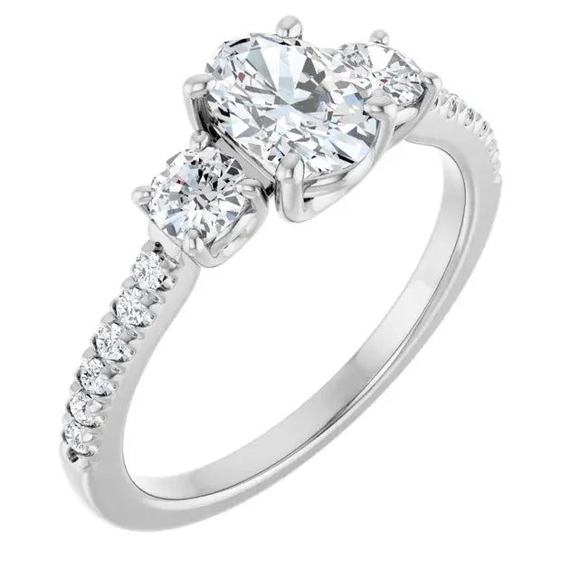 14K White Gold 1.22 CTW Oval-Cut Diamond Engagement Ring with Three-Stone Pavé Setting-