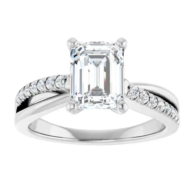 14K White Gold 1.24 CTW Emerald-Cut Lab Grown Diamond Engagement Ring with Solitaire and Pavé Band