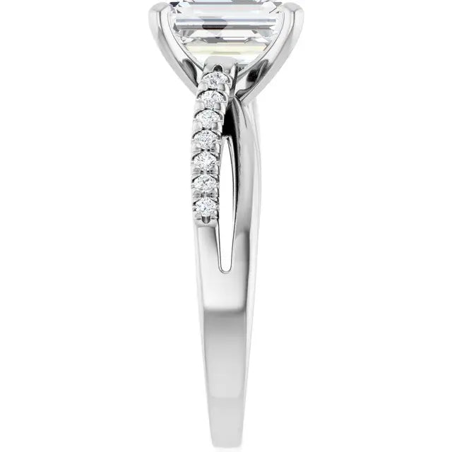 14K White Gold 1.24 CTW Emerald-Cut Lab Grown Diamond Engagement Ring with Solitaire and Pavé Band