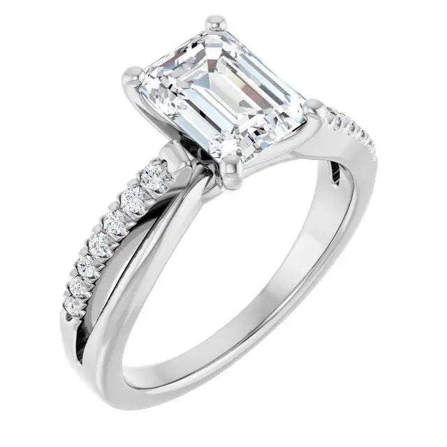 14K White Gold 1.24 CTW Emerald-Cut Lab Grown Diamond Engagement Ring with Solitaire and Pavé Band
