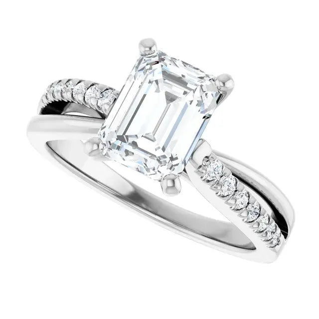 14K White Gold 1.24 CTW Emerald-Cut Lab Grown Diamond Engagement Ring with Solitaire and Pavé Band
