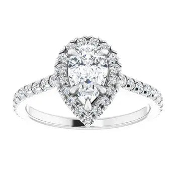 14K White Gold 1.27 CTW Pear Cut Halo Diamond Engagement Ring with Pavé Band-