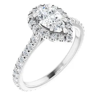 14K White Gold 1.27 CTW Pear Cut Halo Diamond Engagement Ring with Pavé Band-