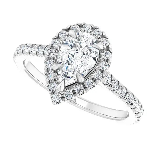 14K White Gold 1.27 CTW Pear Cut Halo Diamond Engagement Ring with Pavé Band