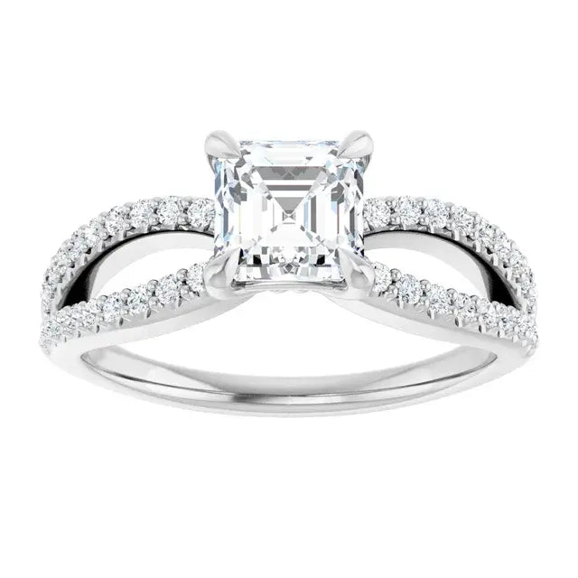 14K White Gold 1.28 CTW Asscher-Cut Diamond Engagement Ring with Split Shank Pavé Band