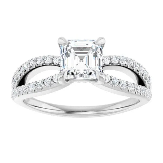 14K White Gold 1.28 CTW Asscher-Cut Diamond Engagement Ring with Split Shank Pavé Band