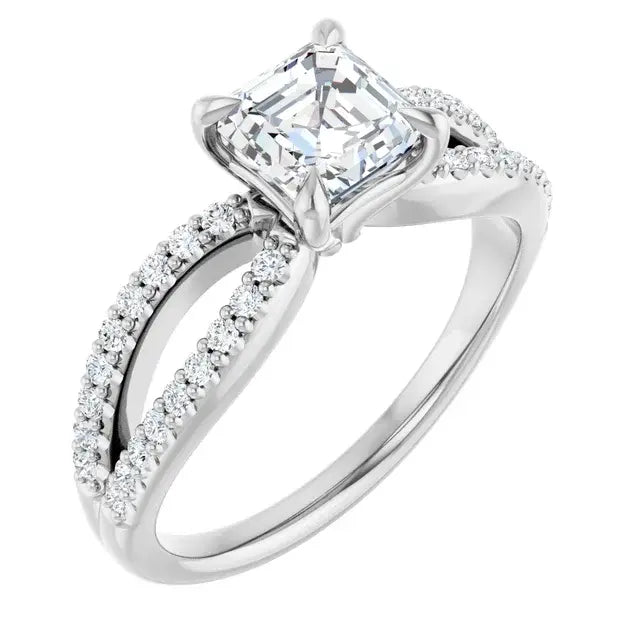 14K White Gold 1.28 CTW Asscher-Cut Diamond Engagement Ring with Split Shank Pavé Band