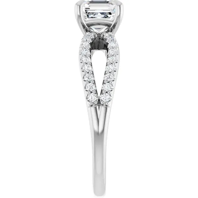 14K White Gold 1.28 CTW Asscher-Cut Diamond Engagement Ring with Split Shank Pavé Band