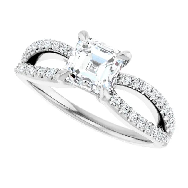 14K White Gold 1.28 CTW Asscher-Cut Diamond Engagement Ring with Split Shank Pavé Band