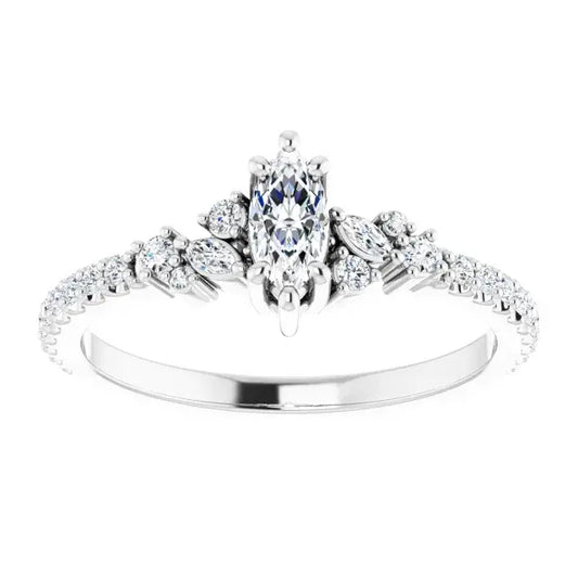 14K White Gold 1/2 CTW Marquise Cut Diamond Engagement Ring with Leaf and Round Accent Diamonds