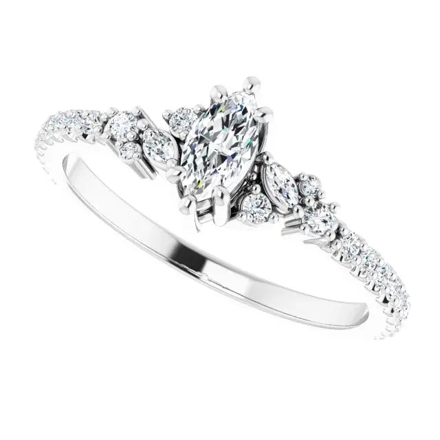 14K White Gold 1/2 CTW Marquise Cut Diamond Engagement Ring with Leaf and Round Accent Diamonds
