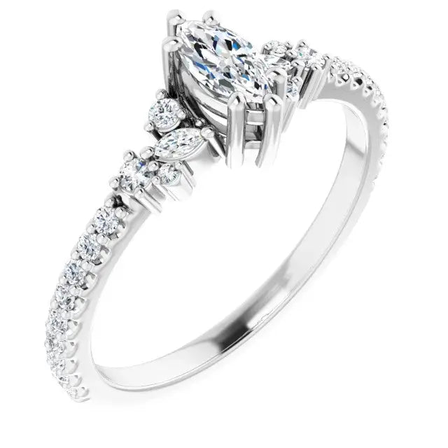 14K White Gold 1/2 CTW Marquise Cut Diamond Engagement Ring with Leaf and Round Accent Diamonds