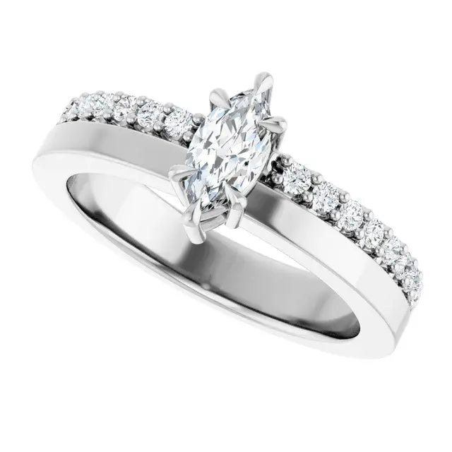 14K White Gold 1/2 CTW Marquise Cut Diamond Engagement Ring with Six-Prong Setting and Pavé Band