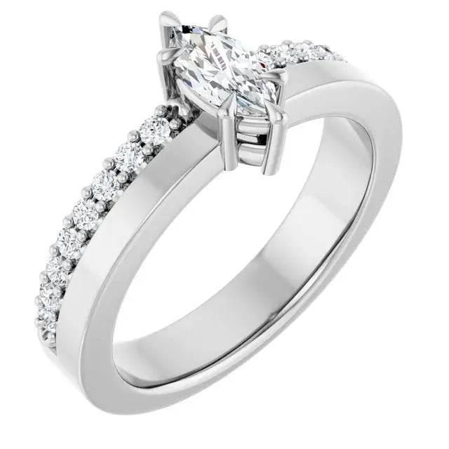 14K White Gold 1/2 CTW Marquise Cut Diamond Engagement Ring with Six-Prong Setting and Pavé Band