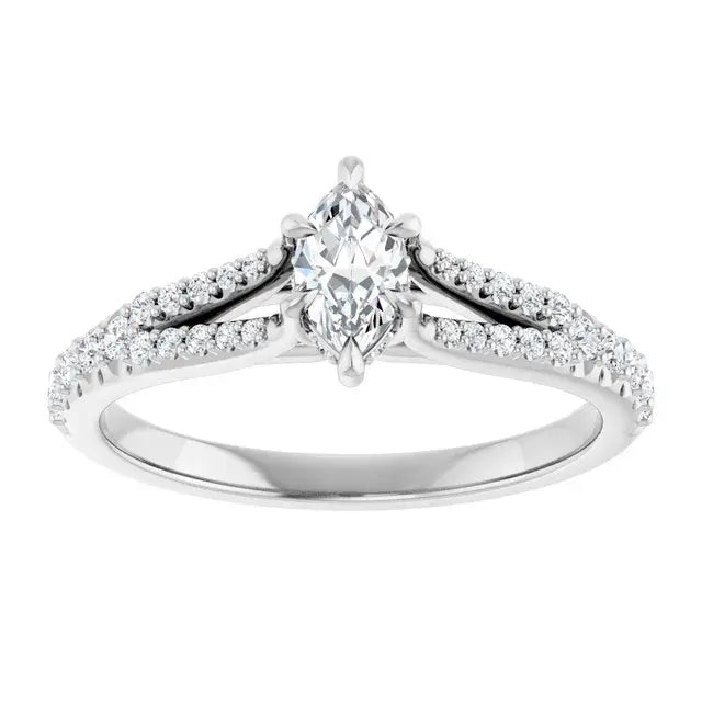 14K White Gold 1/2 CTW Marquise-Cut Diamond Engagement Ring with Split Shank and Pave Accents