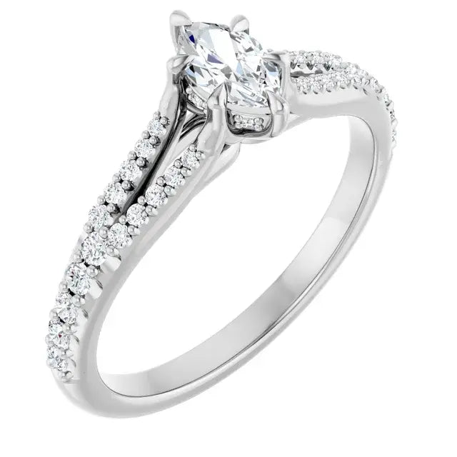 14K White Gold 1/2 CTW Marquise-Cut Diamond Engagement Ring with Split Shank and Pave Accents