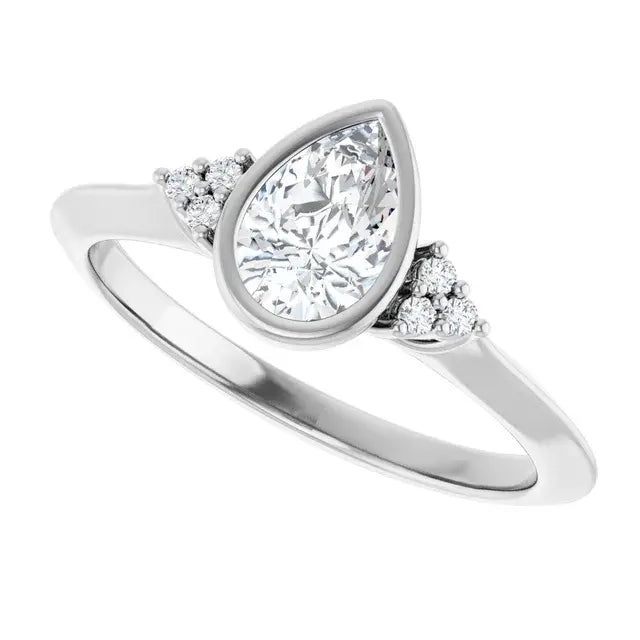 14K White Gold 1/2 CTW Pear-Shaped Diamond Engagement Ring with Bezel Setting and Round Side Accents