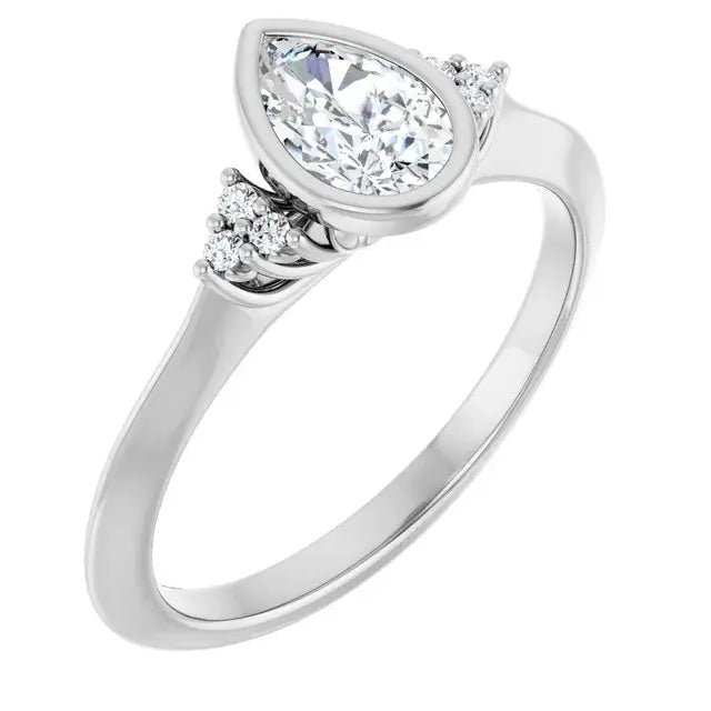 14K White Gold 1/2 CTW Pear-Shaped Diamond Engagement Ring with Bezel Setting and Round Side Accents