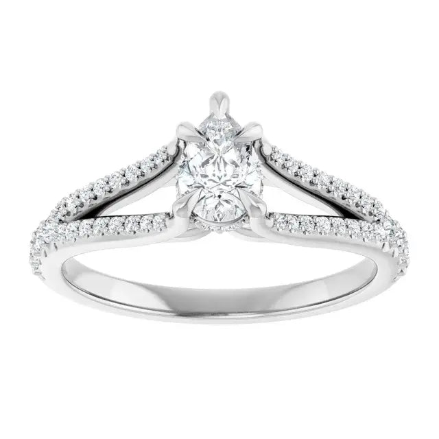 14K White Gold 1/2 CTW Pear-Shaped Diamond Engagement Ring with Split Shank and Pave Accents