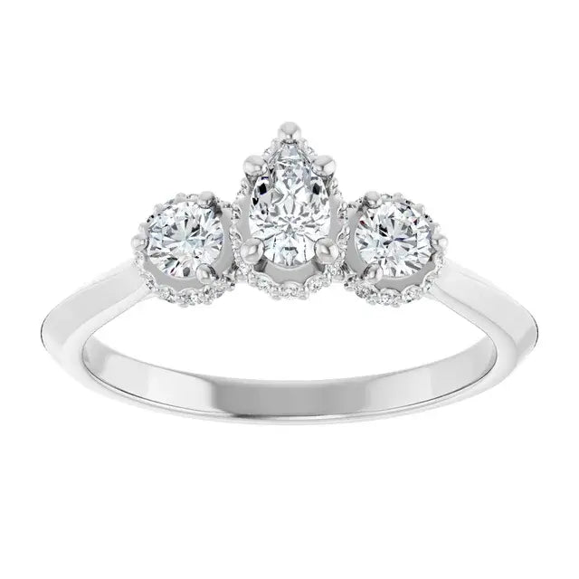 14K White Gold 1/2 CTW Pear-Shaped Diamond Three-Stone Engagement Ring with Round Halo Accents