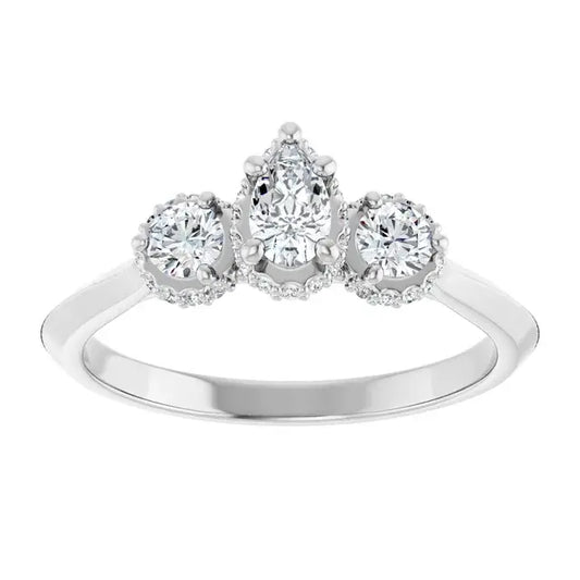 14K White Gold 1/2 CTW Pear-Shaped Diamond Three-Stone Engagement Ring with Round Halo Accents