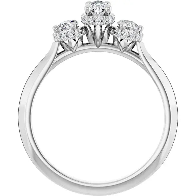 14K White Gold 1/2 CTW Pear-Shaped Diamond Three-Stone Engagement Ring with Round Halo Accents