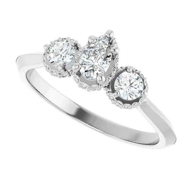 14K White Gold 1/2 CTW Pear-Shaped Diamond Three-Stone Engagement Ring with Round Halo Accents