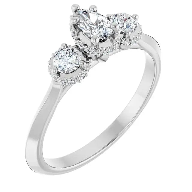 14K White Gold 1/2 CTW Pear-Shaped Diamond Three-Stone Engagement Ring with Round Halo Accents