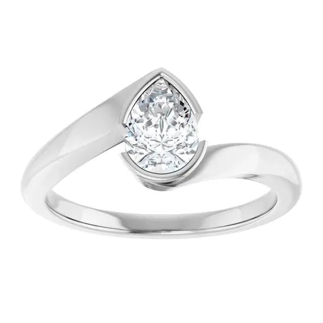 14K White Gold 1/2 CT Pear-Shaped Diamond Bypass Engagement Ring with Bezel Setting