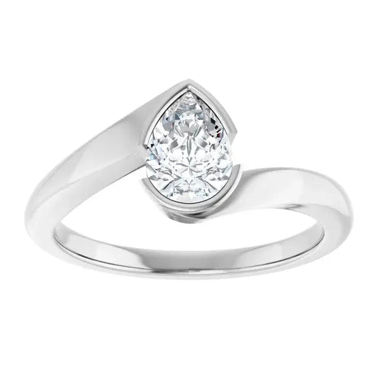 14K White Gold 1/2 CT Pear-Shaped Diamond Bypass Engagement Ring with Bezel Setting