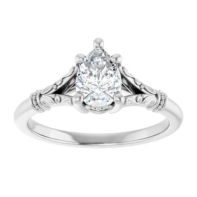 14K White Gold 1/2 CT Pear-Shaped Diamond Engagement Ring with Vintage Scroll Band
