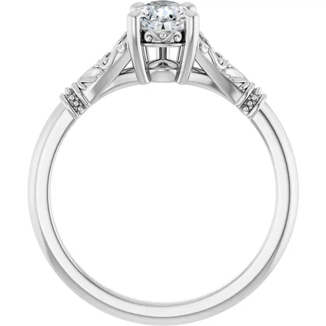14K White Gold 1/2 CT Pear-Shaped Diamond Engagement Ring with Vintage Scroll Band