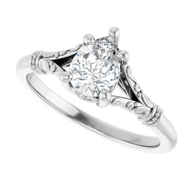 14K White Gold 1/2 CT Pear-Shaped Diamond Engagement Ring with Vintage Scroll Band