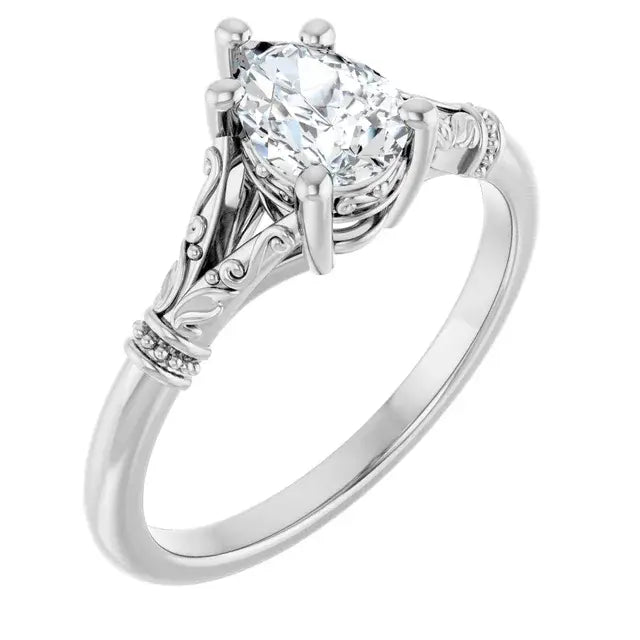 14K White Gold 1/2 CT Pear-Shaped Diamond Engagement Ring with Vintage Scroll Band