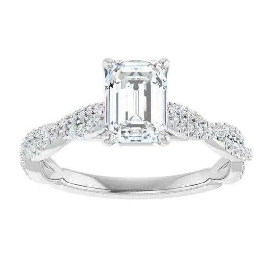 14K White Gold 1.33 CTW Emerald Cut Diamond Engagement Ring with Twisted Pavé Band