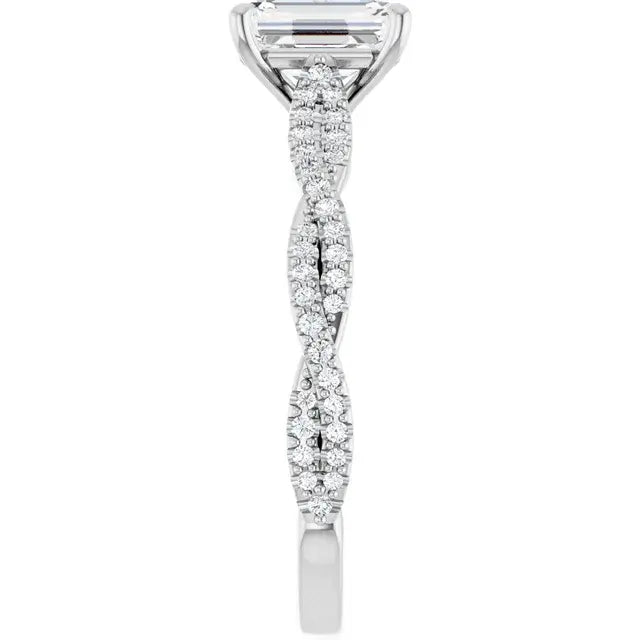 14K White Gold 1.33 CTW Emerald Cut Diamond Engagement Ring with Twisted Pavé Band