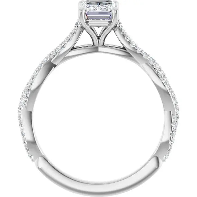 14K White Gold 1.33 CTW Emerald Cut Diamond Engagement Ring with Twisted Pavé Band