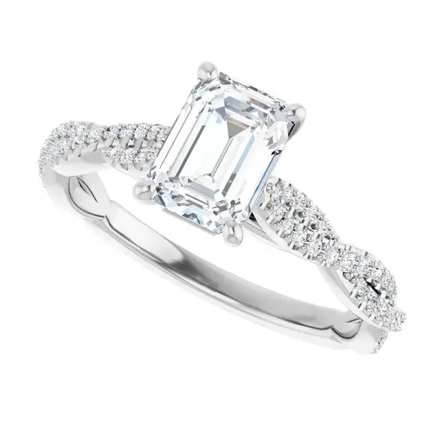 14K White Gold 1.33 CTW Emerald Cut Diamond Engagement Ring with Twisted Pavé Band