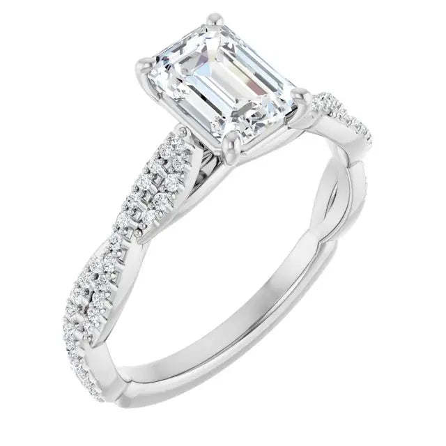 14K White Gold 1.33 CTW Emerald Cut Diamond Engagement Ring with Twisted Pavé Band