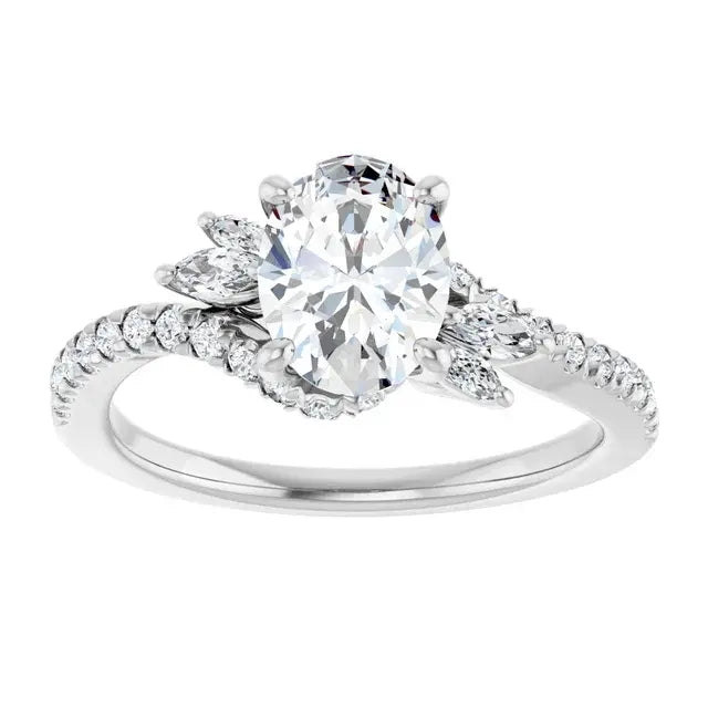 14K White Gold 1.33 CTW Oval-Cut Diamond Engagement Ring with a Pavé Band and Accented Setting-