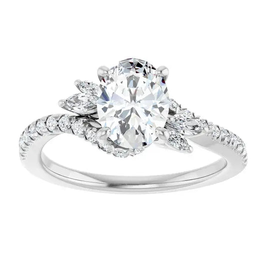 14K White Gold 1.33 CTW Oval-Cut Diamond Engagement Ring with a Pavé Band and Accented Setting-
