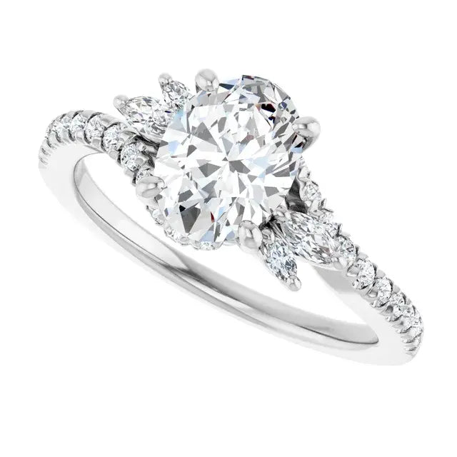 14K White Gold 1.33 CTW Oval-Cut Diamond Engagement Ring with a Pavé Band and Accented Setting-