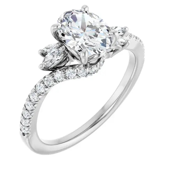 14K White Gold 1.33 CTW Oval-Cut Diamond Engagement Ring with a Pavé Band and Accented Setting-