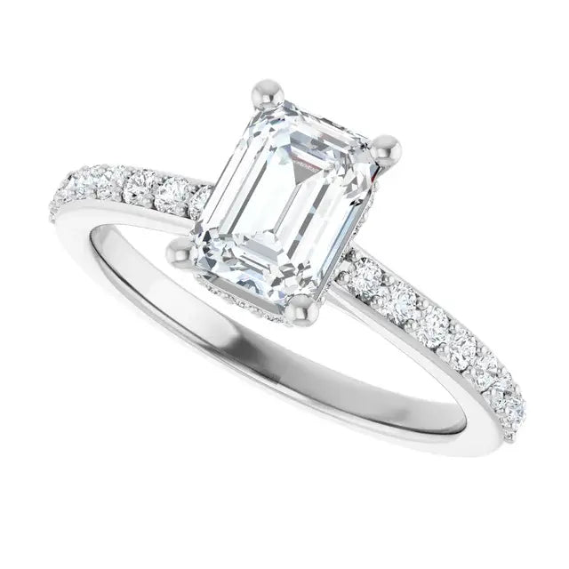 14K White Gold 1.34 CTW Emerald-Cut Accented Diamond Engagement Ring-