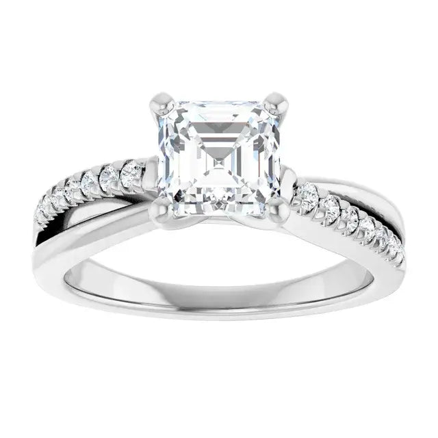 14K White Gold 1.38 CTW Asscher-Cut Accented Diamond Engagement Ring with a Split Shank Band