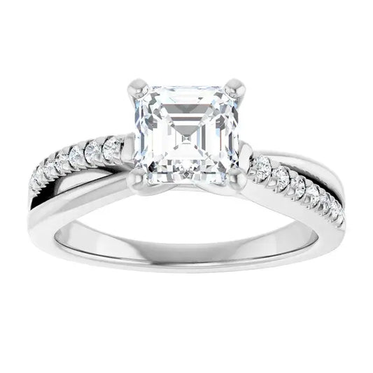 14K White Gold 1.38 CTW Asscher-Cut Accented Diamond Engagement Ring with a Split Shank Band